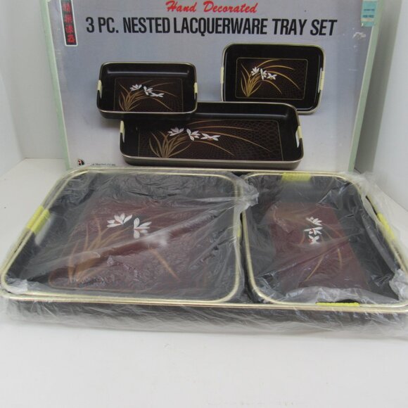 Vintage Asahi Trading Co Inc 3 Pc Nested Lacquerware Tray Set Floral Design - Picture 4 of 10